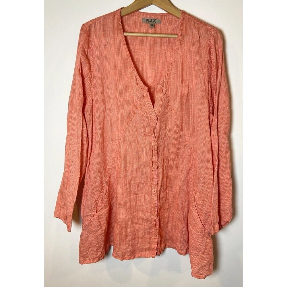 Flax Blouse Shirt Tunic Button Front Coral Pink Stripe Linen Size Medium M